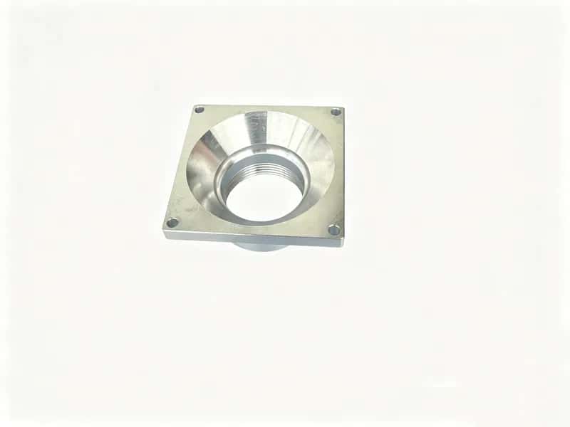 Square aluminum flange with a conical bore, internal threads, and four corner mounting holes