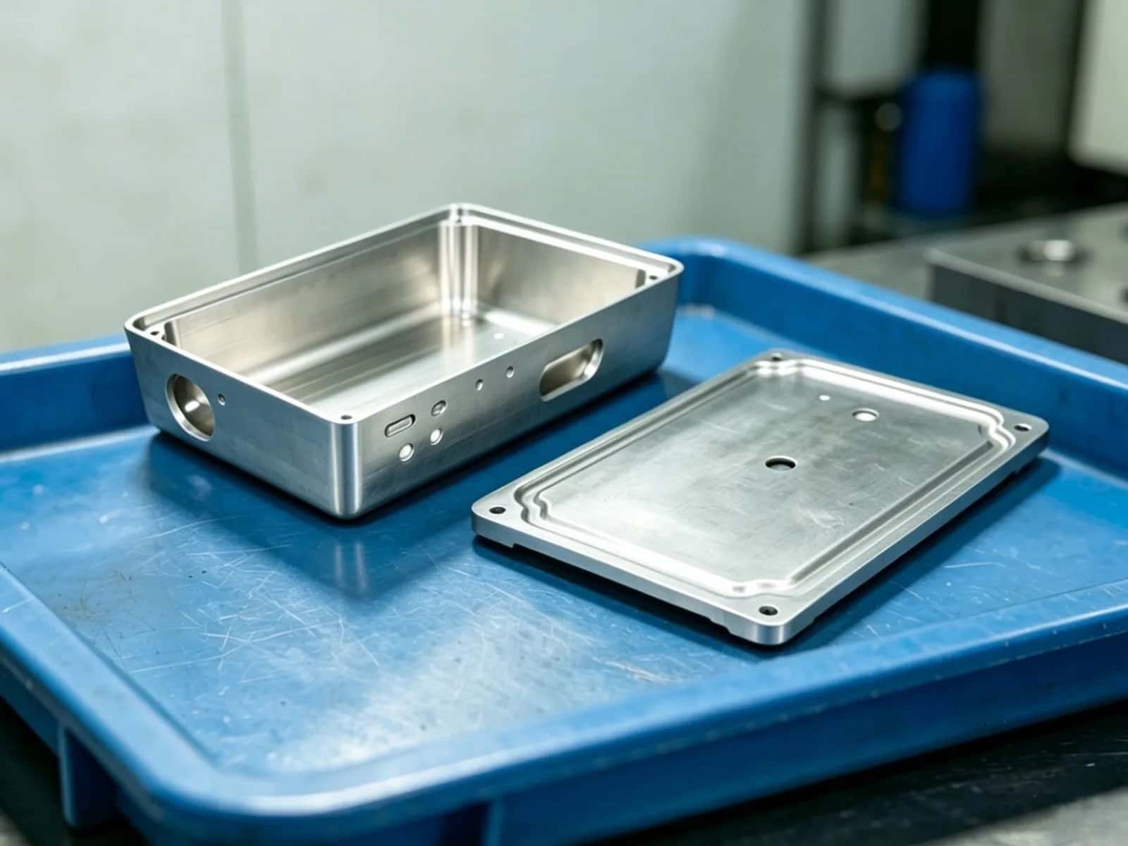 CNC milled aluminum housing and matching cover plate with pocketed interior and sealing faces on an inspection tray