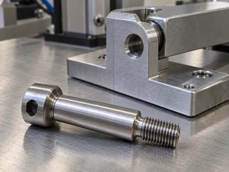 Custom shoulder screw beside the pivot bore of an automated assembly fixture