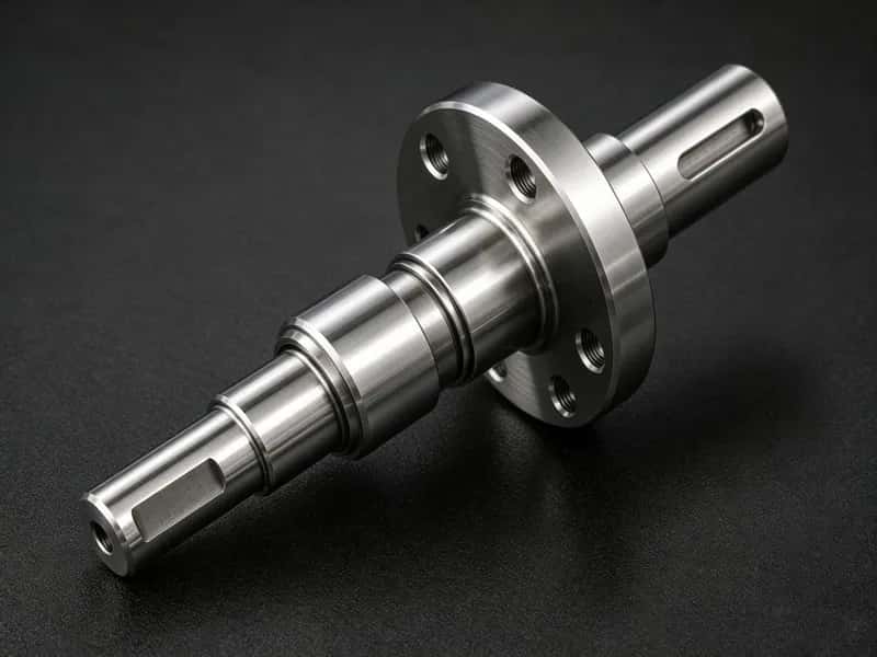 CNC turned servo output shaft with mounting flange, flats, and longitudinal keyway