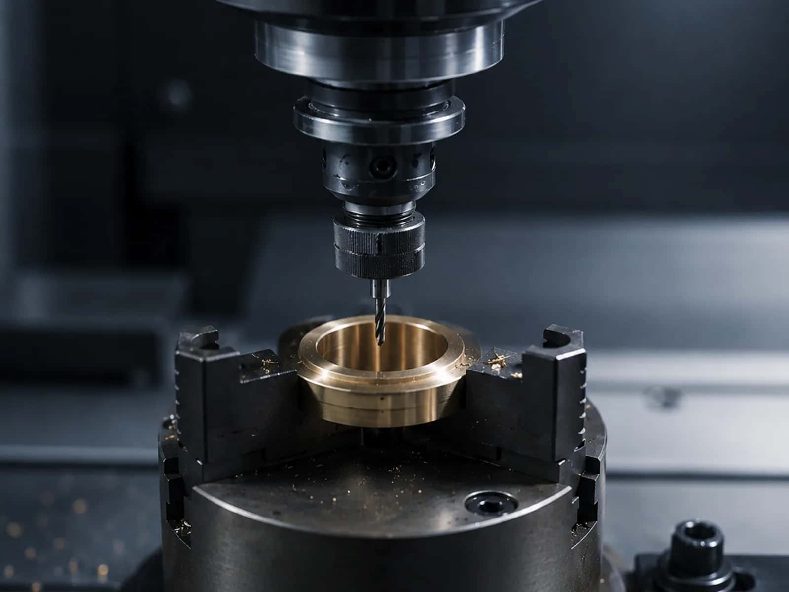 Fine drill bit centered on a brass ring held in a rotary chuck with golden swarf on the machine bed