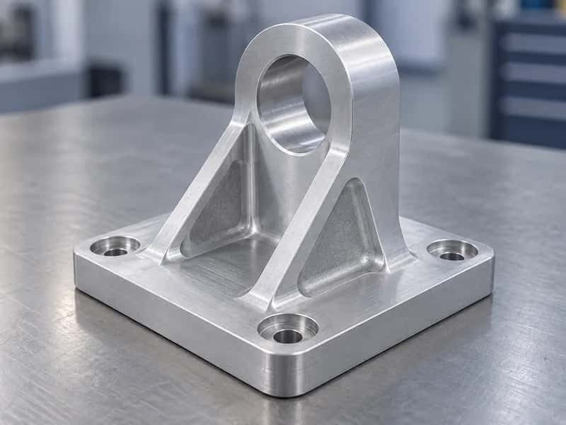 Simple machined aluminum mounting bracket with a thick base, reinforced upright lug, and precision bore
