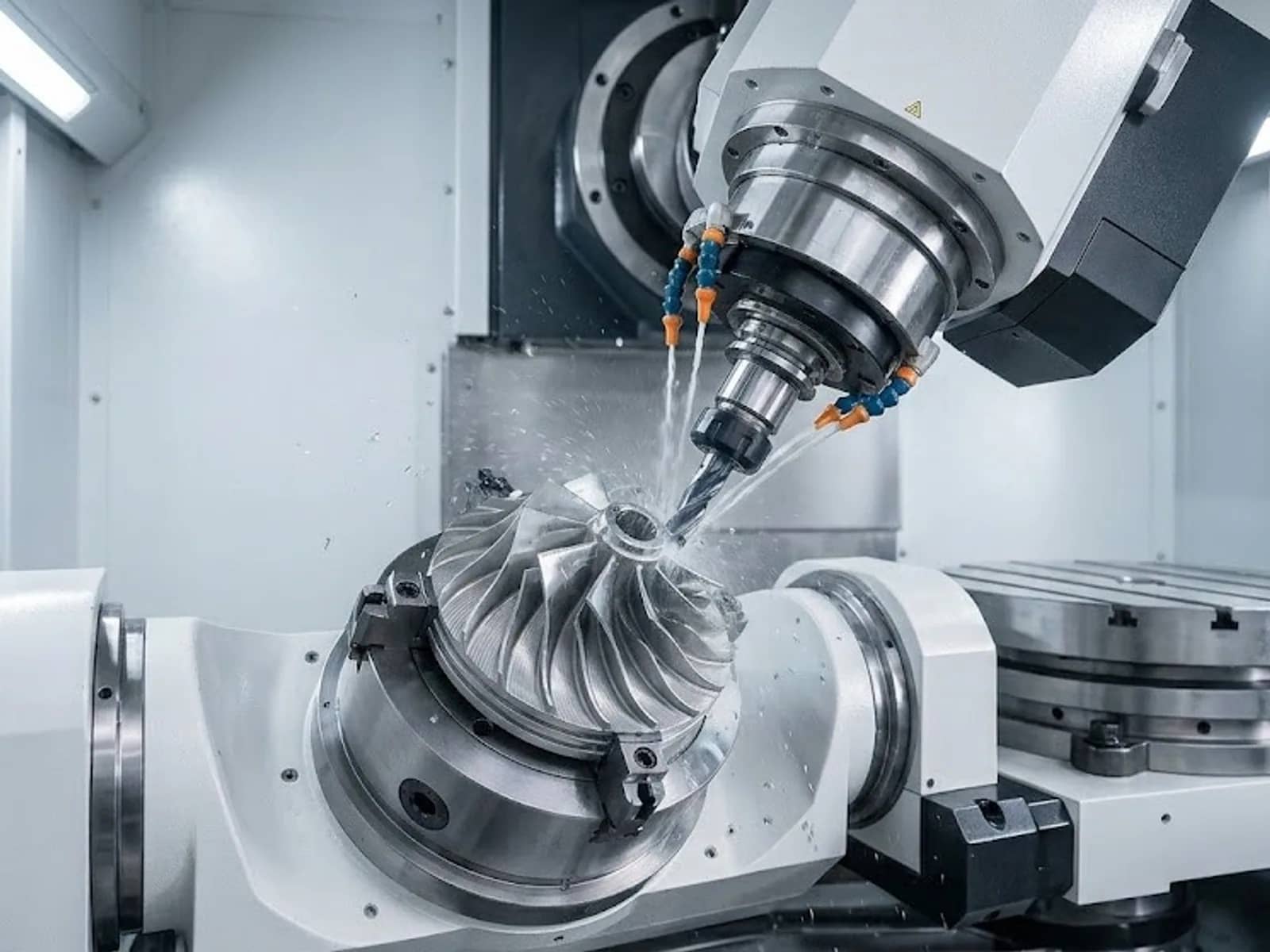 Five-axis CNC spindle milling a metal impeller at an angle with coolant nozzles spraying the cut