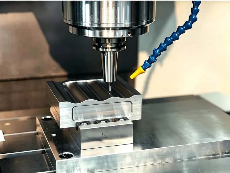 CNC milling tool cutting a metal block with coolant nozzle nearby