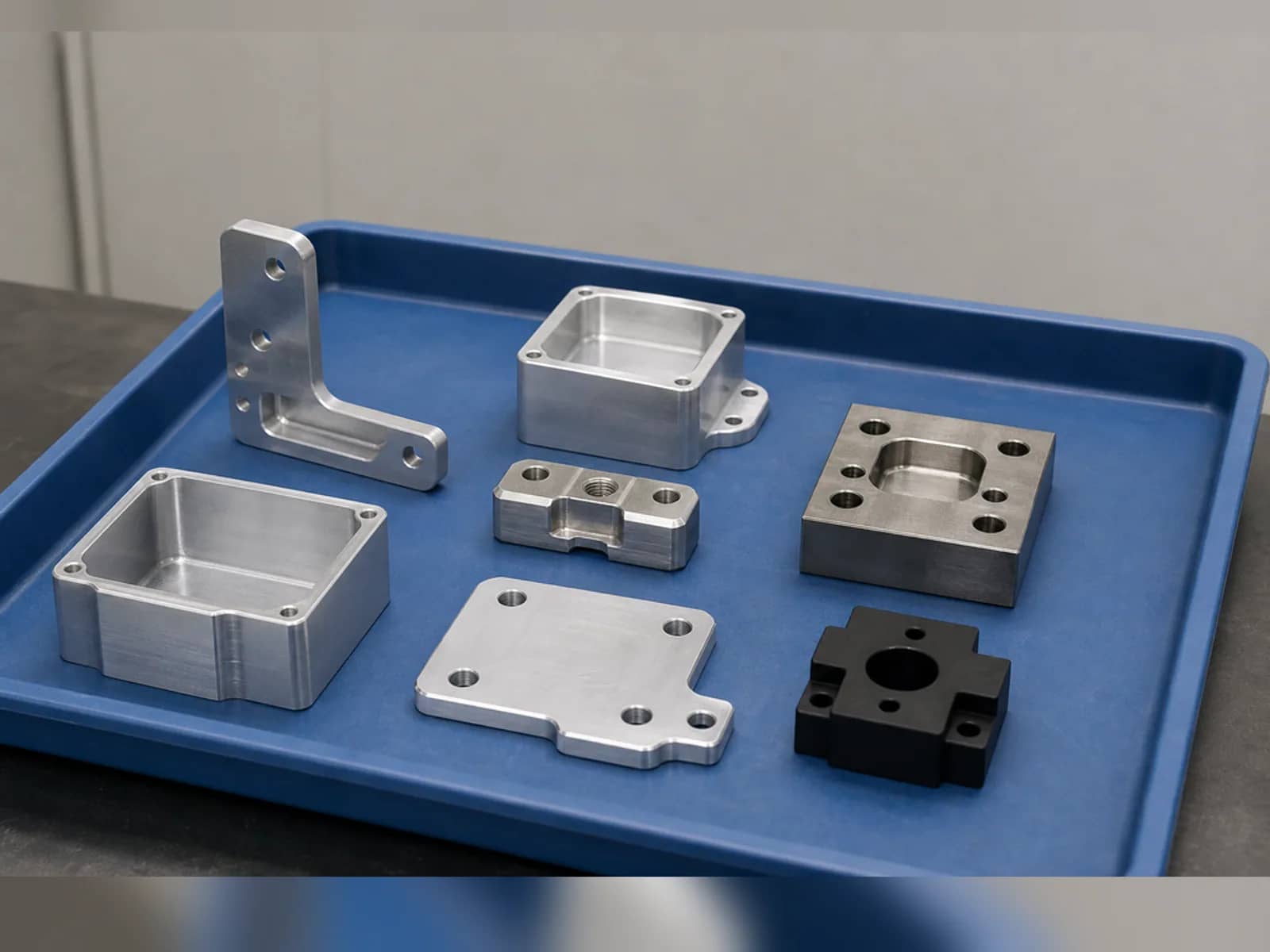 Precision-machined metal housings, brackets, and anodized parts arranged on a blue inspection tray